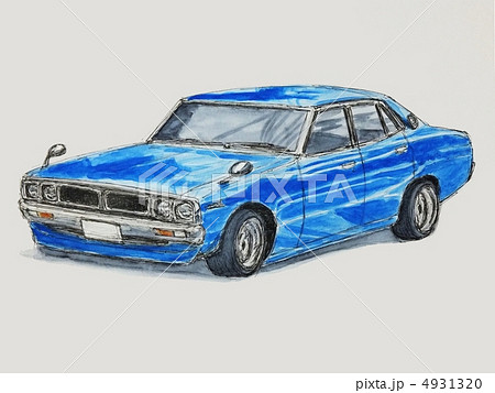 ペンスケッチ 水彩 青い車 のイラスト素材