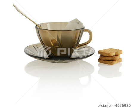 empty glass transparent cup with spoon,  cookie, anf package tea 4956920