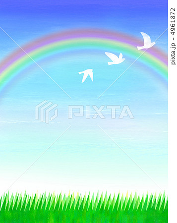 草原と虹と鳥のイラスト素材