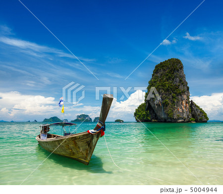 Long tail boat on beach, Thailand 5004944