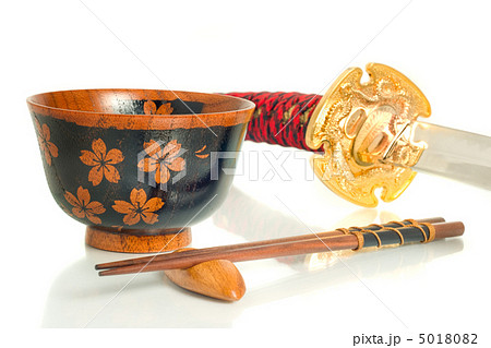 Katana, Chopsticks and bowl over white 5018082