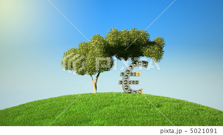 Euro symbol under tree on green fileld Euro symbol under tree on green fileld 5021091