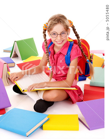 Happy sitting schoolgirl in eyeglasses with pile of books. Happy sitting schoolgirl in eyeglasses with pile of books. 5055480