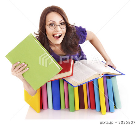 Girl in glasses with stack book . Girl in glasses with stack book . 5055807