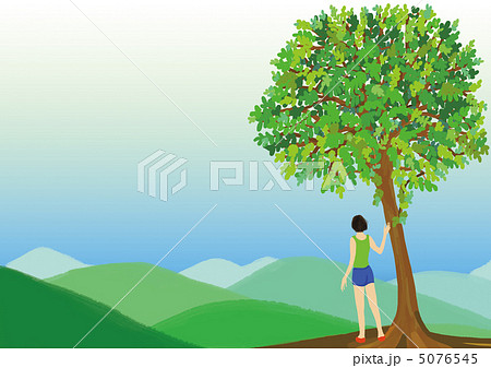 山の上から遠くの景色を見る女性のイラスト素材