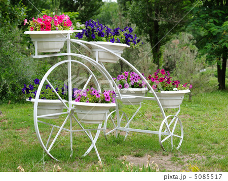 Flowers in pots on flowerbed in garden 5085517