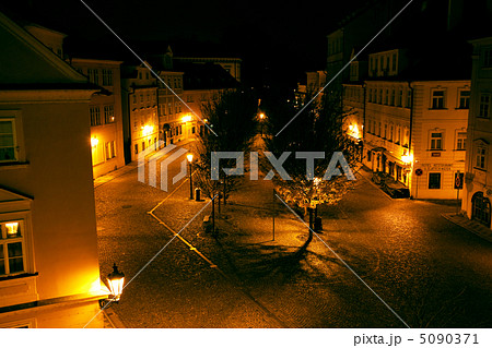 a beautiful night view of the street in Prague a beautiful night view of the street in Prague 5090371