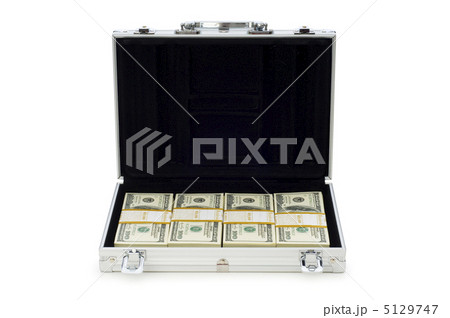 Metal case and lots of dollars on white 5129747