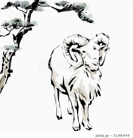 12干支 謹賀新年 木 動物 東洋画 デザインソース 羊 伝統のイラスト素材