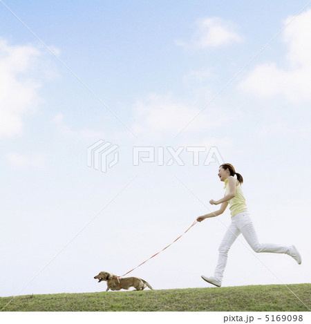 芝生を走る女性と犬の写真素材