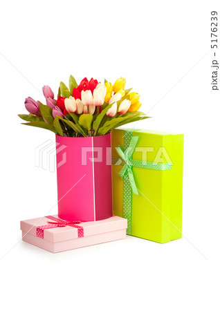 Giftbox and tulips isolated on white 5176239