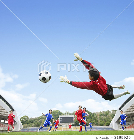 サッカーボールに飛びつくゴールキーパーの後ろ姿 サッカーボールに飛びつくゴールキーパーの後ろ姿 5199929