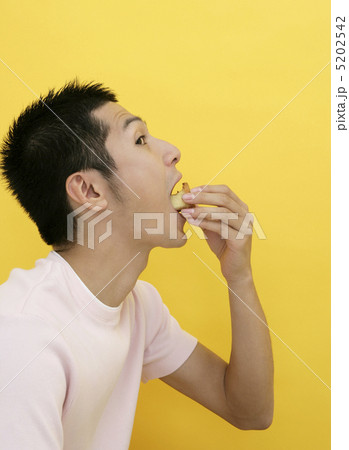 リンゴを食べる男性の横顔の写真素材