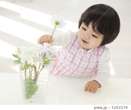 花瓶に花を挿す女の子の写真素材