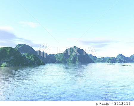 澄み切った青空と深緑の岩山の湖畔のイラスト素材
