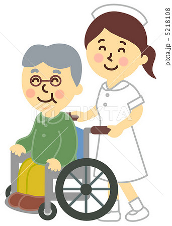 車いすに乗るおじいちゃんと看護士のイラスト素材