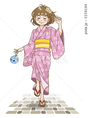 浴衣の女の子と石畳のイラスト素材