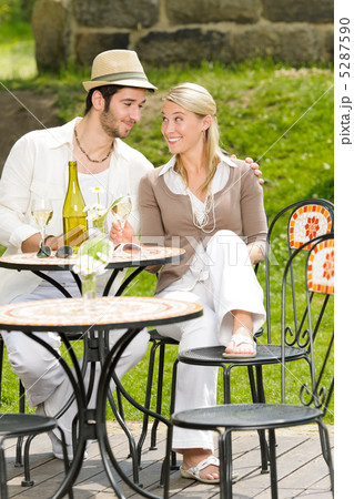 Restaurant terrace elegant couple celebrate sunny day 5287590
