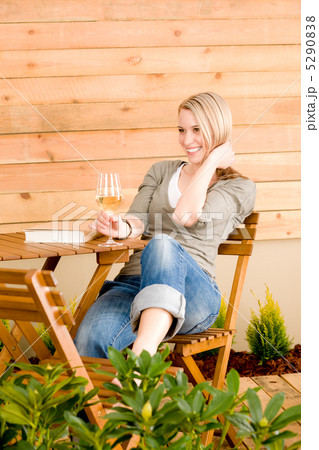 Garden happy woman enjoy glass wine terrace Garden happy woman enjoy glass wine terrace 5290838