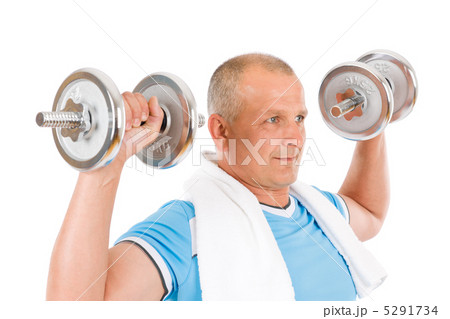 Happy mature man working out with dumbbells Happy mature man working out with dumbbells 5291734