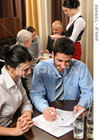 Business meeting young executives at restaurant Business meeting young executives at restaurant 5300499
