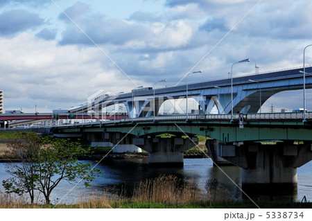 扇大橋を通過中の舎人ライナーと荒川の川原 5338734