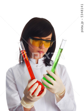 Woman with chemical tubes in the labatory on white 5348141