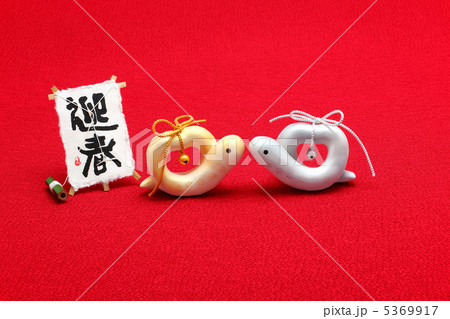 かわいい蛇 巳年年賀状素材　見つめ合うハートの夫婦へび 5369917