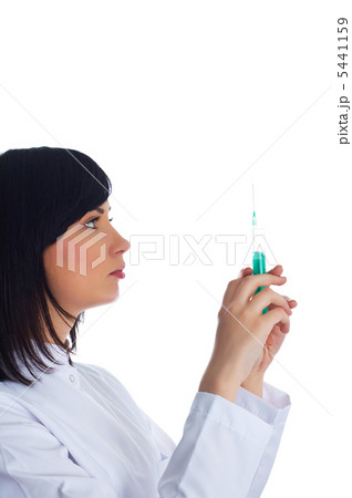 Woman checking syringe isolated on the white 5441159