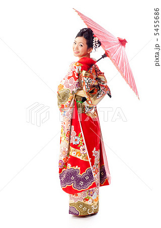 番傘を持つ振袖女性の写真素材