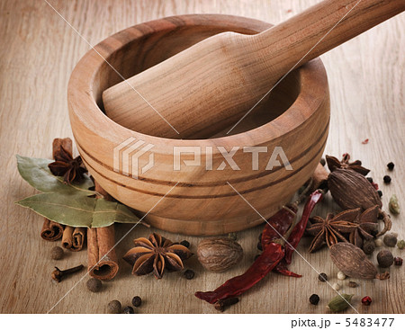 Wooden Mortar And Spices Wooden Mortar And Spices 5483477