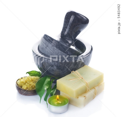 Spa. Natural Soap, Sea Salt, Mortar And Candle Isolated On White 5483492