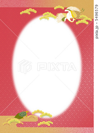 おめでたい和風背景・枠ー紗綾形に鶴亀文　紅　丸窓 5496579