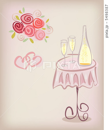Love gift card with champagne glasses and rose flowers. Vector e 5498387