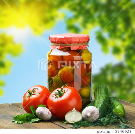 canned vegetables and fresh against the backdrop of nature 5546923