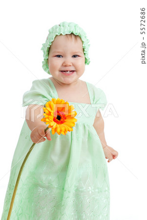 cute little girl with flower gift, isolated on white 5572686