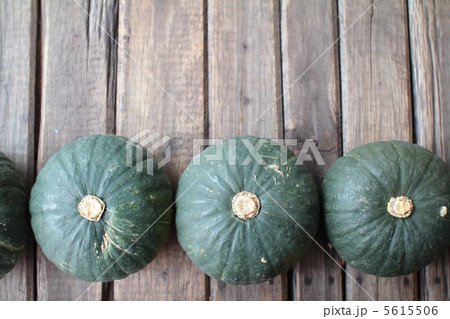 一列に並べた手のひらサイズの北海道産の坊ちゃんカボチャ 5615506
