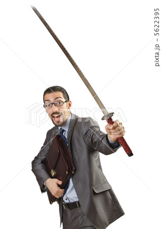 Businessman with sword on white Businessman with sword on white 5622395