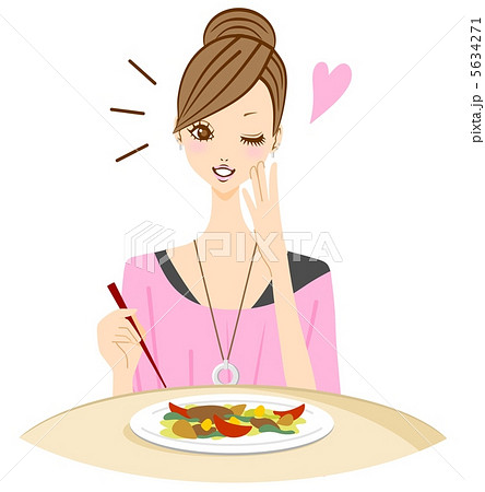 おいしい料理を食べる女性のイラスト素材