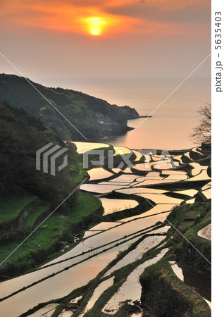夕焼けの海と棚田 5635403