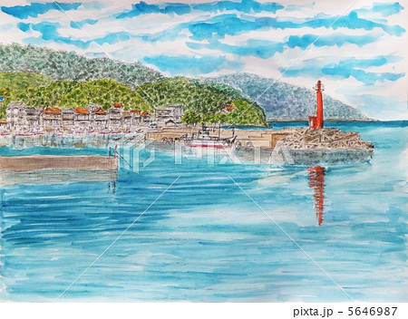 赤い灯台の見える風景のイラスト素材 [5646987] - PIXTA