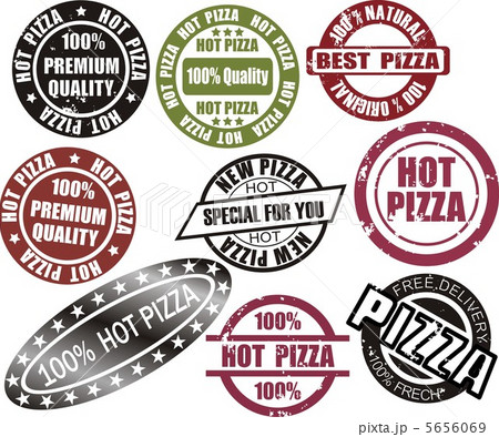 Pizza grunge stamp set  in red, black and green color Pizza grunge stamp set  in red, black and green color 5656069