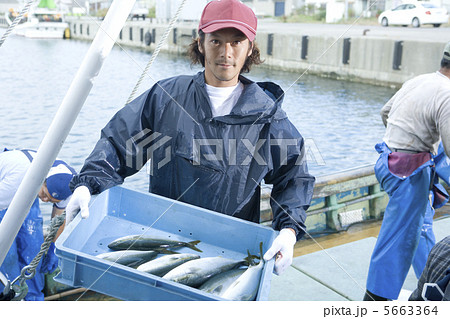 獲れた魚の入った箱を運ぶ漁師 獲れた魚の入った箱を運ぶ漁師 5663364