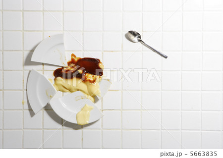 白いタイルの上で割れたプリンの載った皿 5663835