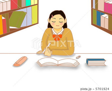 図書館で勉強する 女の子のイラスト素材