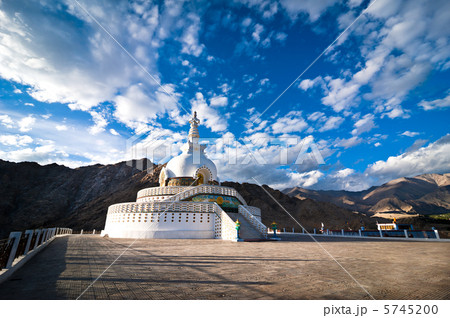 Modern Buddhist monument Shanti Stupa in the evening sunset. Leh 5745200