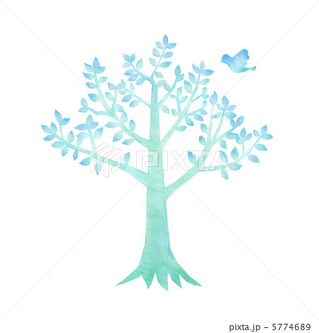 青い鳥と木のイラストのイラスト素材