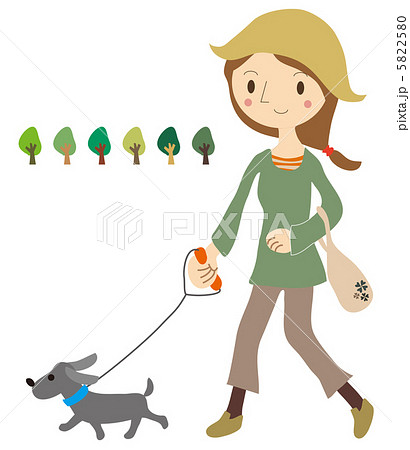 犬と散歩をする女性のイラストのイラスト素材