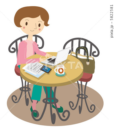 カフェで仕事をする女性のイラスト素材 5822581 Pixta