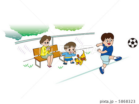 サッカーをベンチで応援する親子のイラスト素材
